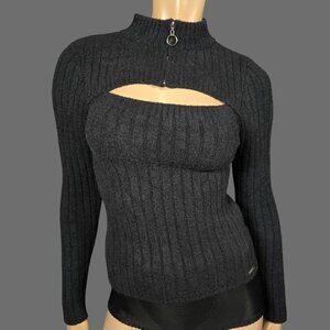Y2K Black Ribbed Sweater Size XS Cut Out Zipper Mock Neck Goth Office Siren Mod